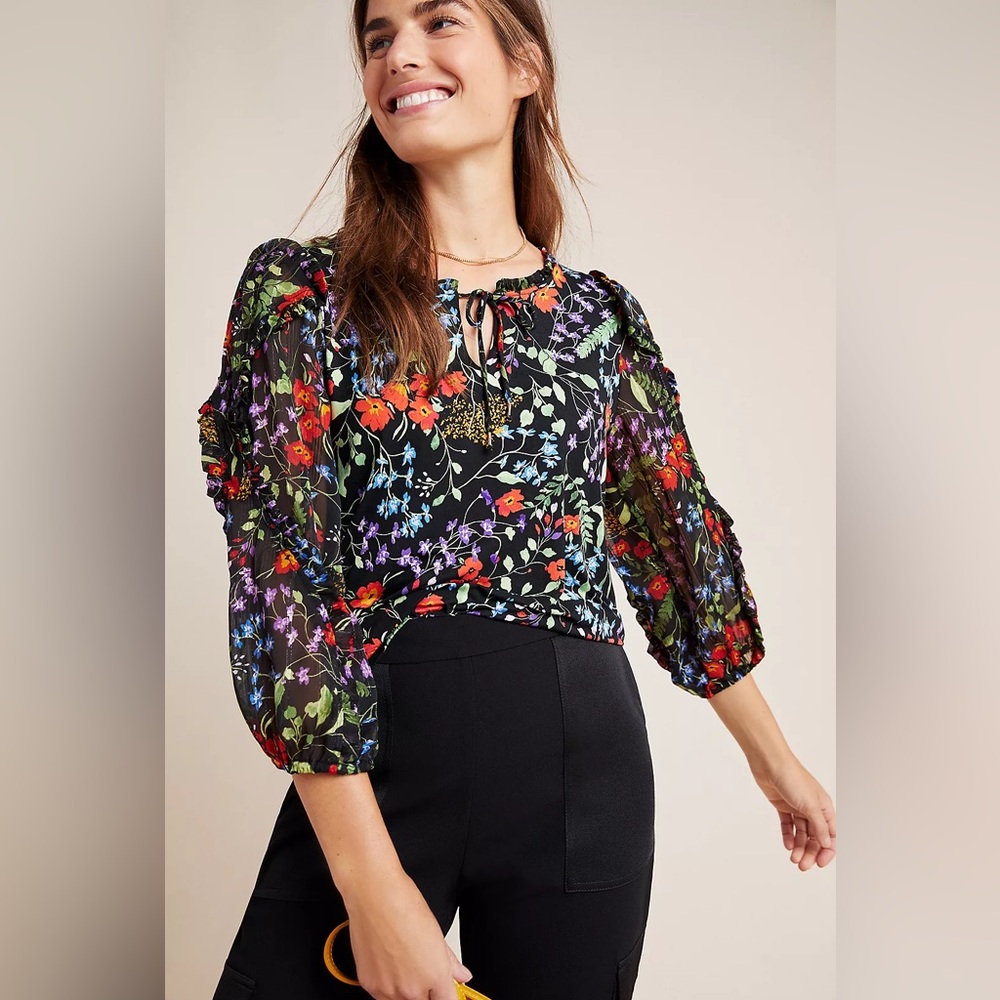 Maeve By Anthropologie Jacques Floral Puff Sleeve Peasant Blouse Size Small